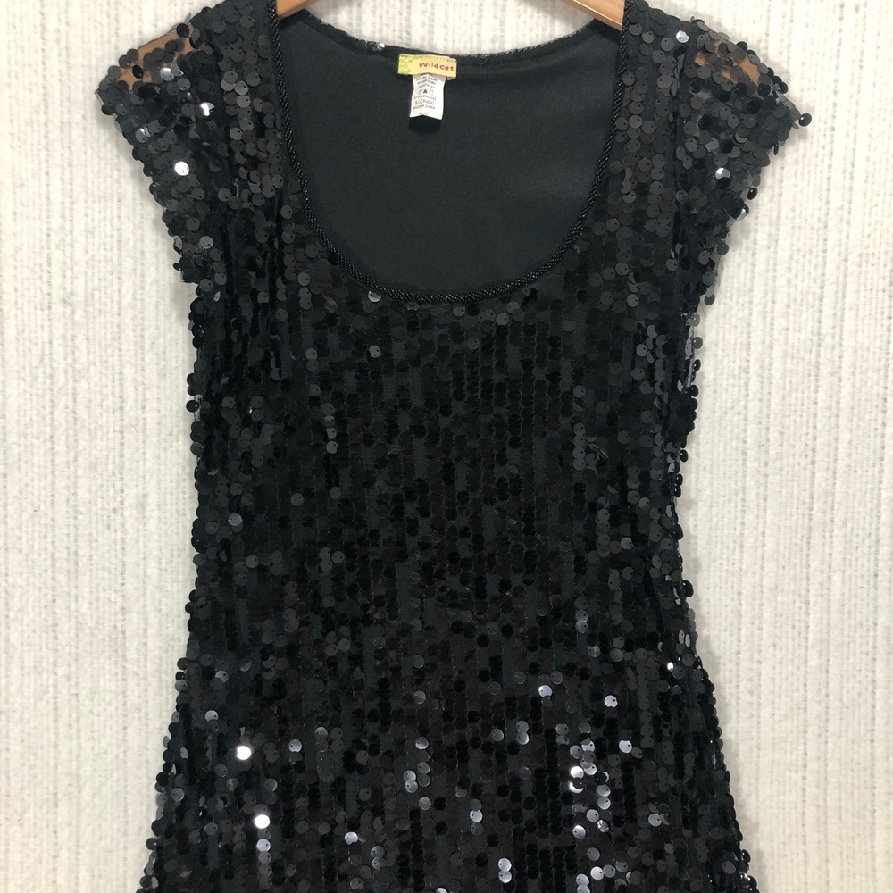 Wildcat Black Sequin Mini Dress Cap Sleeve Scoop‎ Neck Small